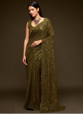 Olive Green Faux Georgette Classic Designer Saree