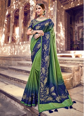 Festive Wear Green And Blue Silk Saree