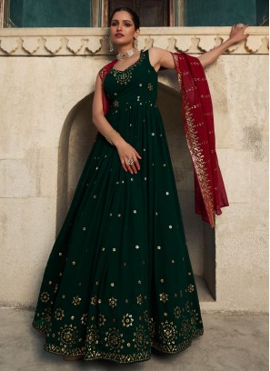 Dark Green Georgette Festive Wear Sequins Gown