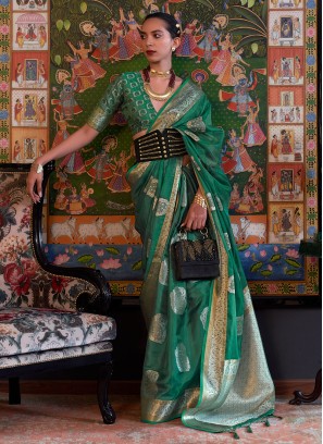 Green Handloom Weaving Organza Saree