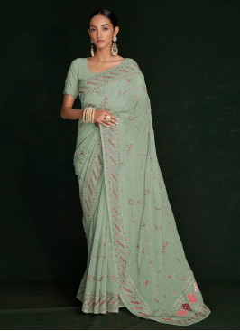 Green Georgette Lucknowi Designer Saree