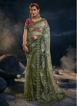 Wedding Wear Green Sequins Embroidered Saree