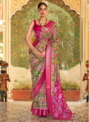 Olive Green and Deep Pink Party Patola Silk Saree