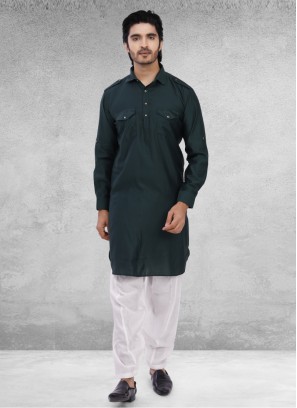 Green Pathani Set In Cotton Silk