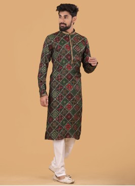 Green Printed Kurta Pajama In Art Silk