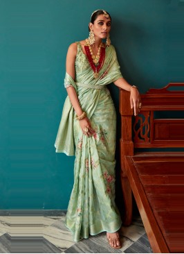 Light Pista Green Floral Printed Soft Silk Saree