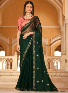 Green Sequins Embellished Chinon Silk Saree