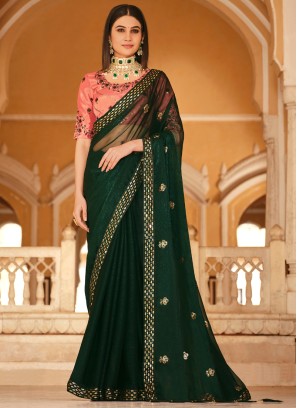 Green Sequins Embellished Chinon Silk Saree