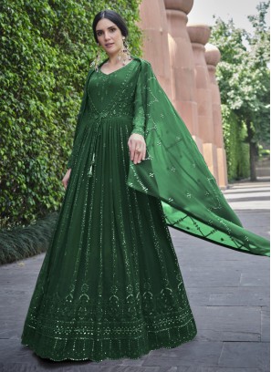 Green Sequins Embellished Party Wear Gown with Dupatta
