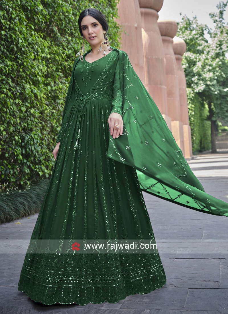 Green Sequins Embellished Party Wear Gown with Dupatta