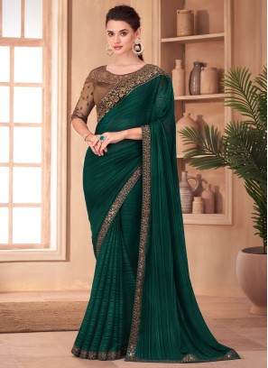 Gorgeous Green and Tan Brown Silk Festive Saree