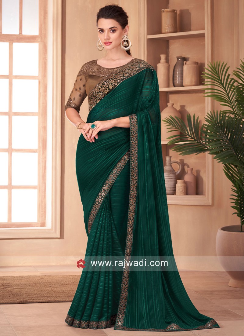 Plain Pakistani Silk Bottle Green Saree