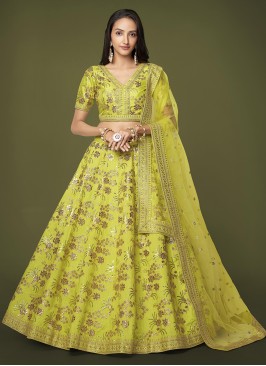 Neon Green Slub Silk Lehenga Choli For Wedding