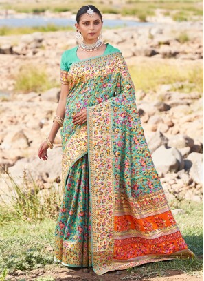 Sea Green Kashmiri Weaving Wedding Silk Saree