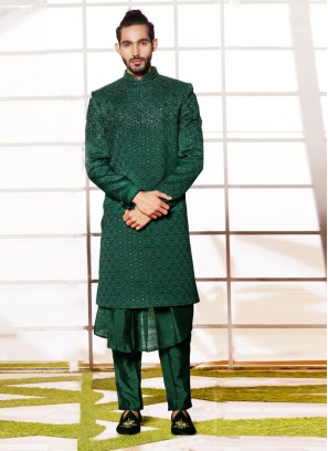 Green Stylish Indowestern In Brocade Fabric