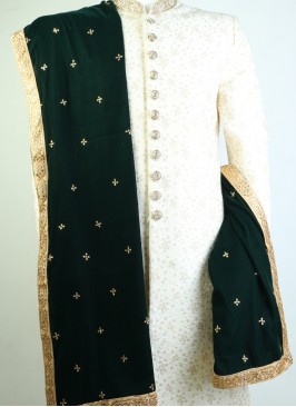 Bottle Green Velvet With Golden Border Dupatta