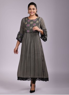 Grey A-Line Kurti In Art Silk