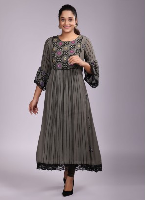 Grey A-Line Kurti In Art Silk