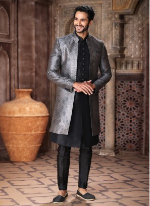 Grey And Black Jacket Style Indowestern In Art Silk