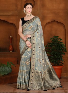 Grey and Peacock Blue Designer Banarasi Silk Saree