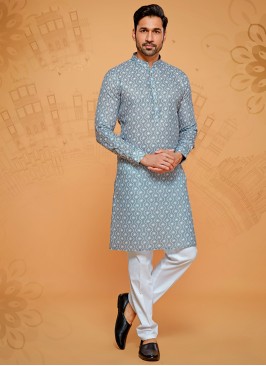 Grey And White Cotton Silk Printed Kurta Pajama