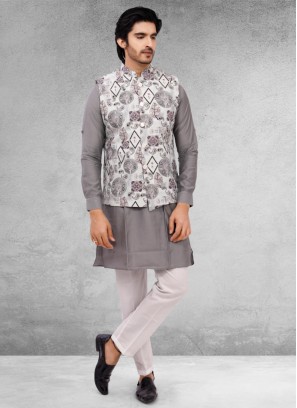 Grey And White Mens Nehru Jacket Set