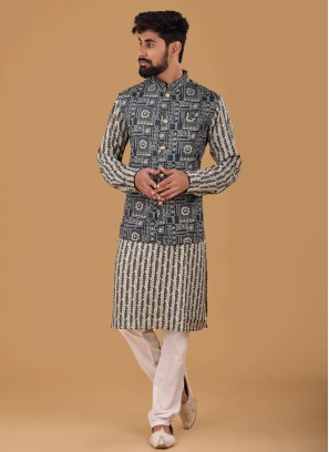 Grey And White Printed Nehru Jacket Set