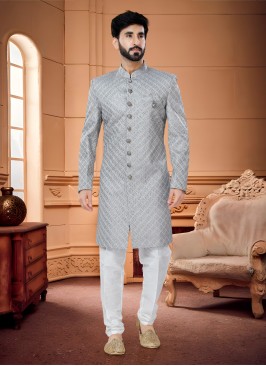 Grey Asymmetric Thread Embroidered Indowestern