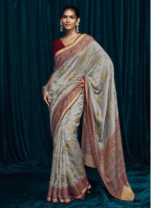 Festive Grey Art Silk Saree With Weaving Work