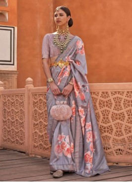 Grey Color Floral Print Silk Festive Saree