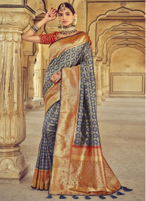 Grey Color Designer Traditional Saree