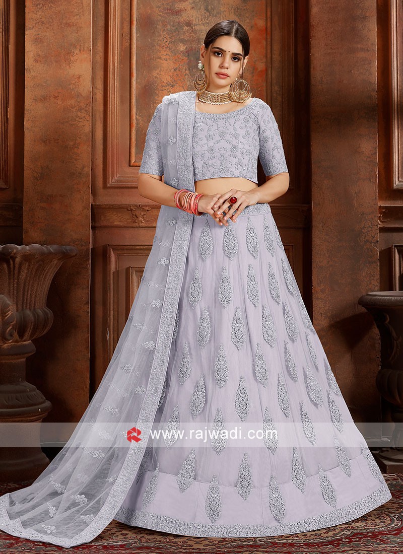 Buy Grey Mirror Work Net lehenga Choli online At Zeel Clothing