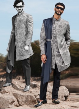 Grey Designer Indowestern Set For Men