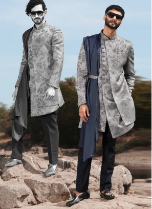 Grey Designer Indowestern Set For Men