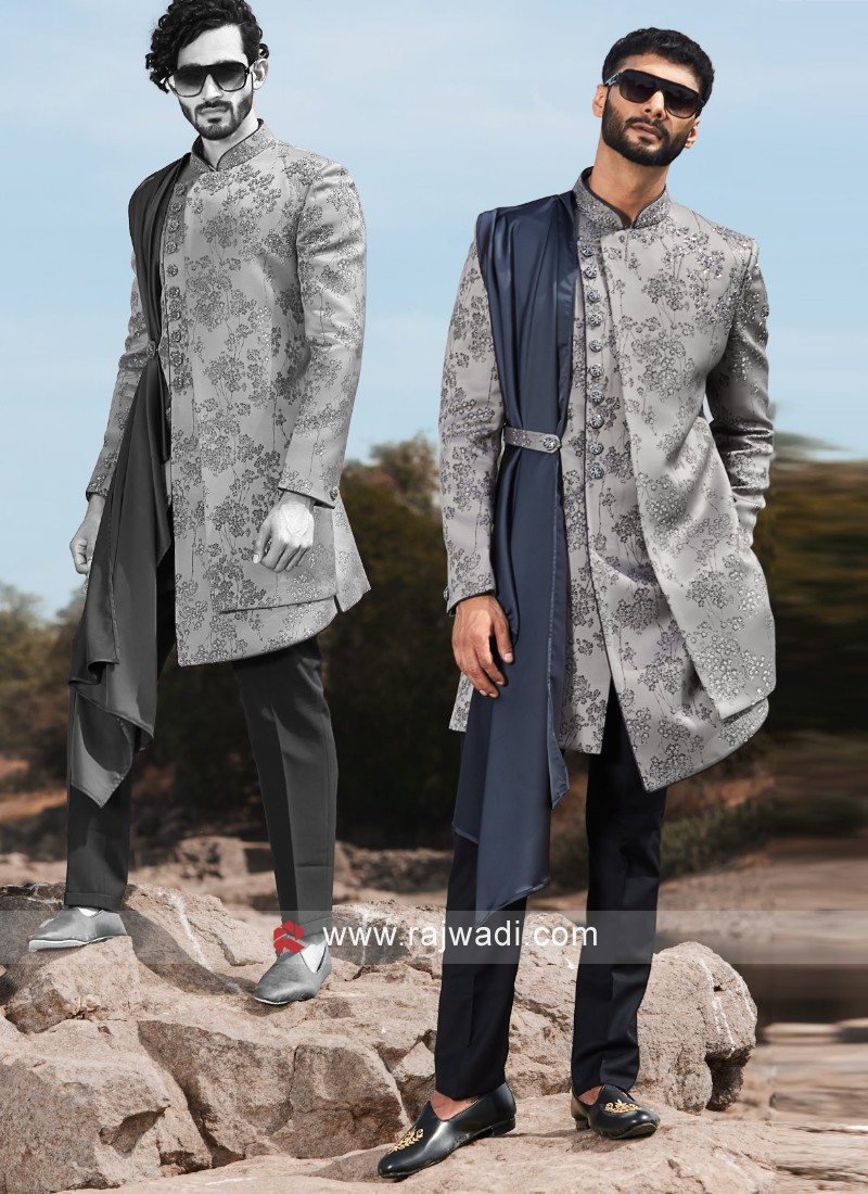 Grey Designer Indowestern Set For Men