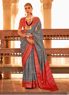 Grey & Red Designer Patola Silk Saree