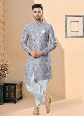 Grey Dhoti Style Woven Indowestern Set