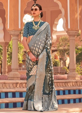 Trendy Peacock Blue & Grey Kachhi Silk Saree