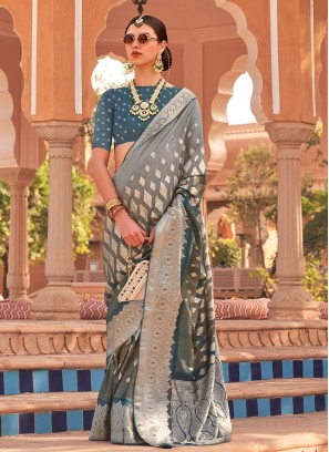 Trendy Peacock Blue & Grey Kachhi Silk Saree