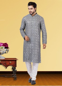 Grey Embroidered Georgette Kurta Pajama Set