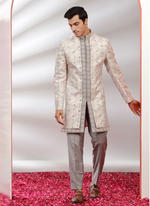 Grey Embroidered Indowestern In Cotton Silk