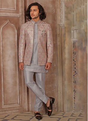 Grey Embroidered Jacket Style Indowestern Set