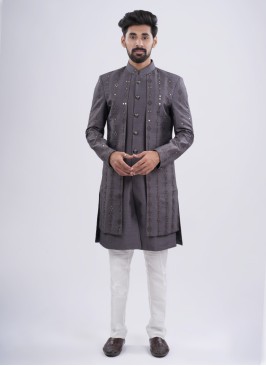 Grey Embroidered Jacket Style Indowestern Set