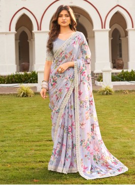 Grey Embroidered Saree In Chiffon With Vibrant Floral Print