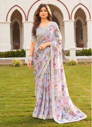 Light Pink Saree In Chiffon With Vibrant Floral Print