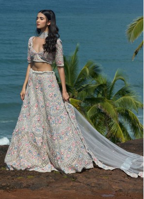 Grey Floral Embroidered Net A Line Lehenga Choli