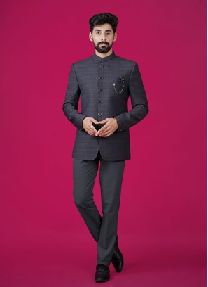 Grey Imported Fabric Jodhpuri Suit For Men