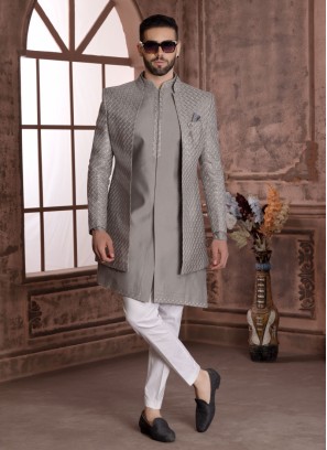 Grey Jacket Style Indowestern Set For Groom
