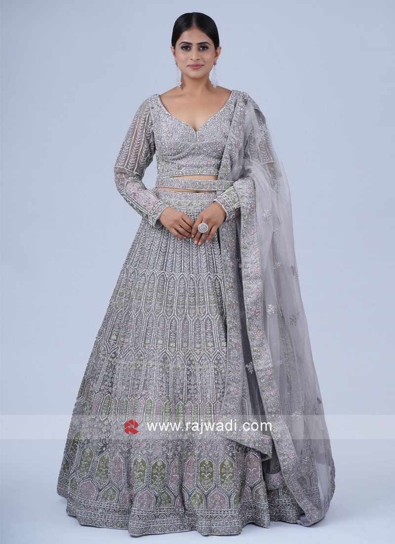 Grey Color Bridal Lehenga Choli With Rich Hand Embroidery
