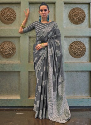 Grey Woven Lucknow Chikankari Cotton Silk Saree